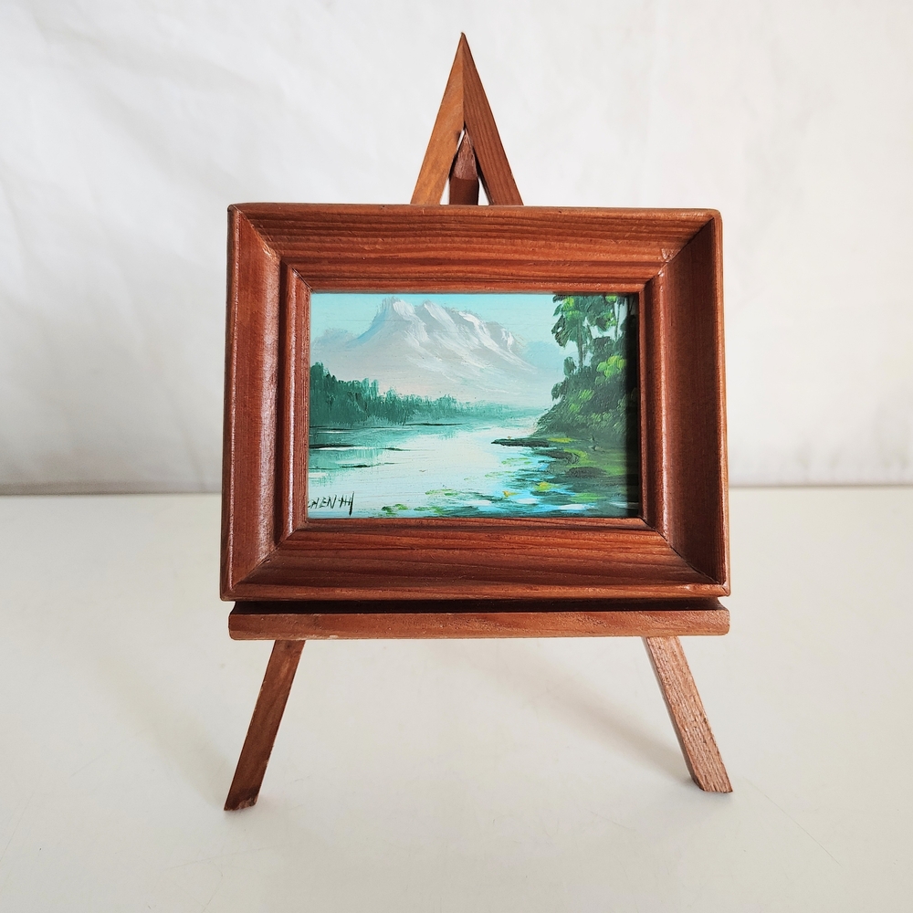 Vintage Mini Landscape Painting on Board with Easel Small Framed Rustic Wall Art